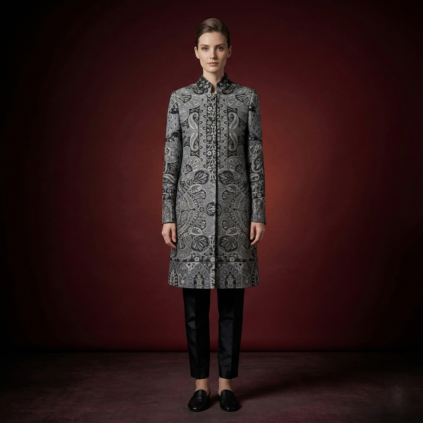 Paisley Jacquard Mandarin Collar Long Coat