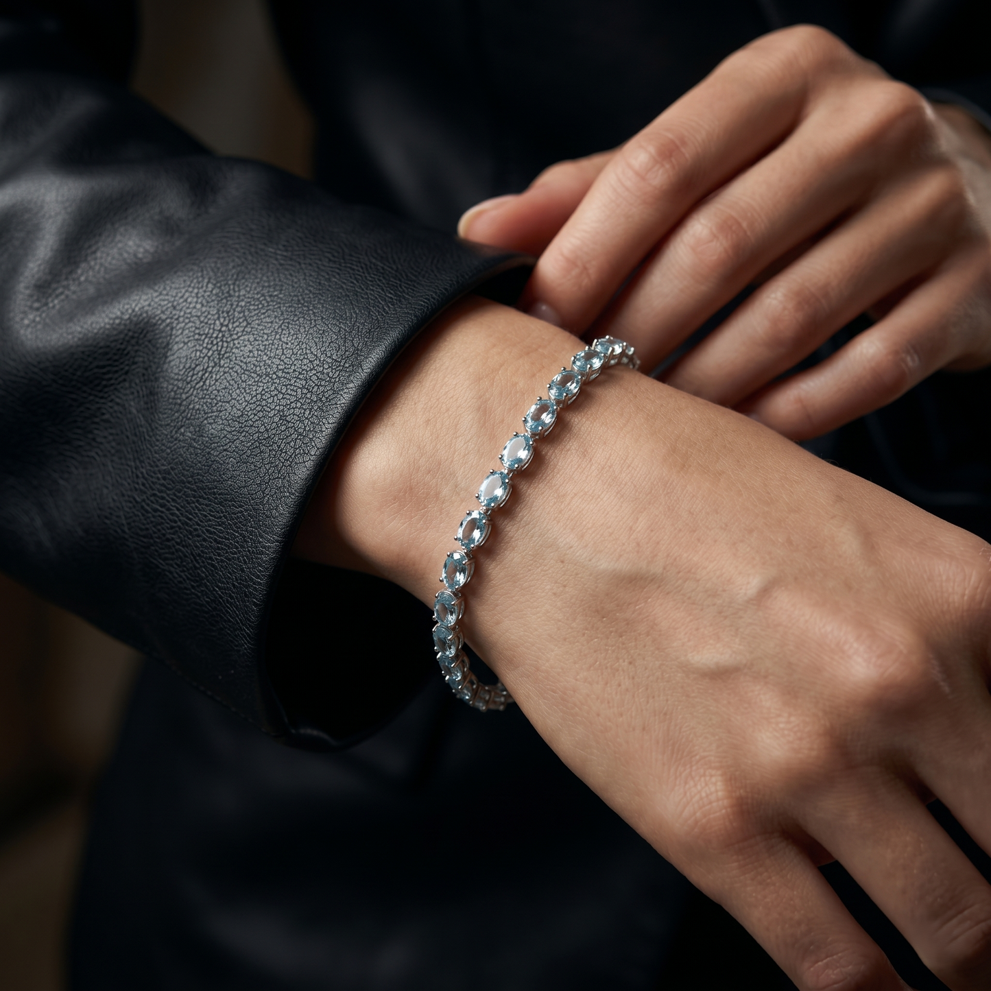 Elegant Oval Aquamarine Silver Tennis Bracelet