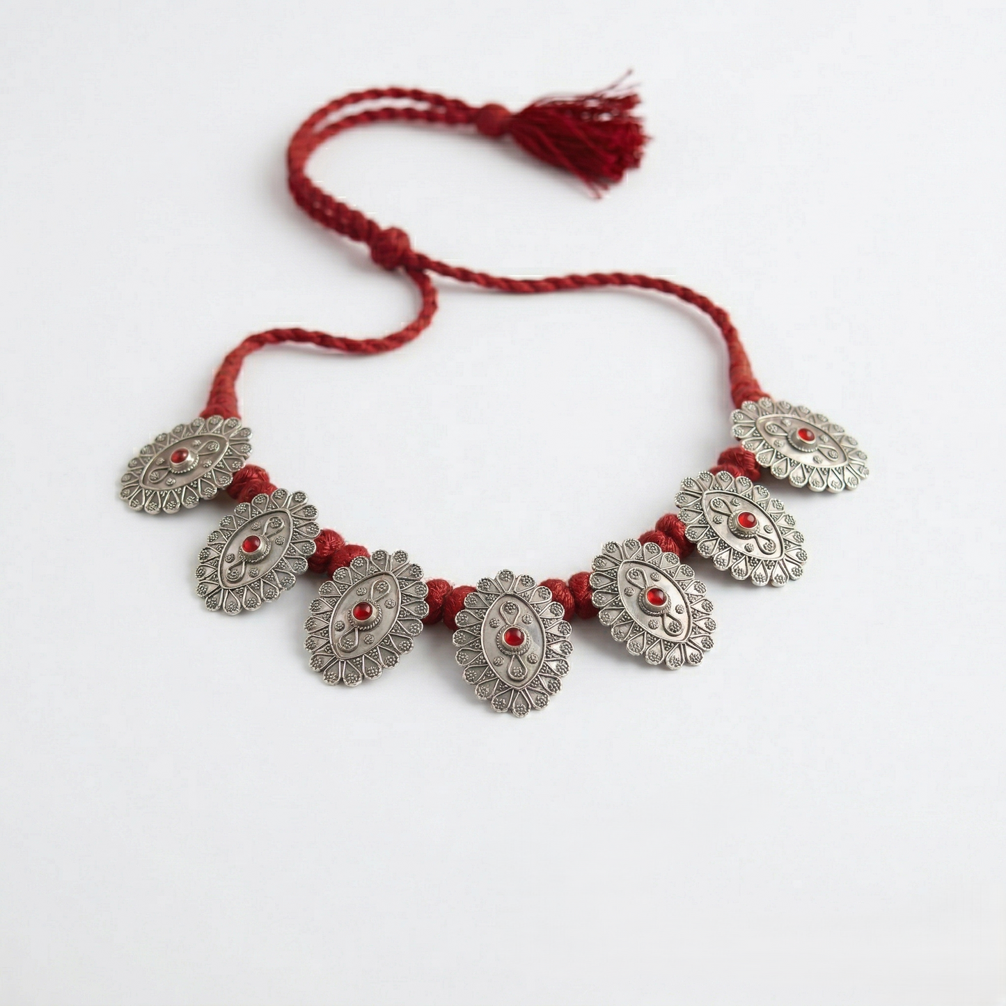 Maroon Threaded Silver Tribal Necklace Set