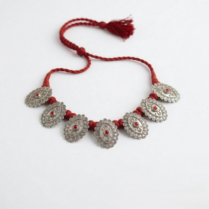 Maroon Threaded Silver Tribal Necklace Set