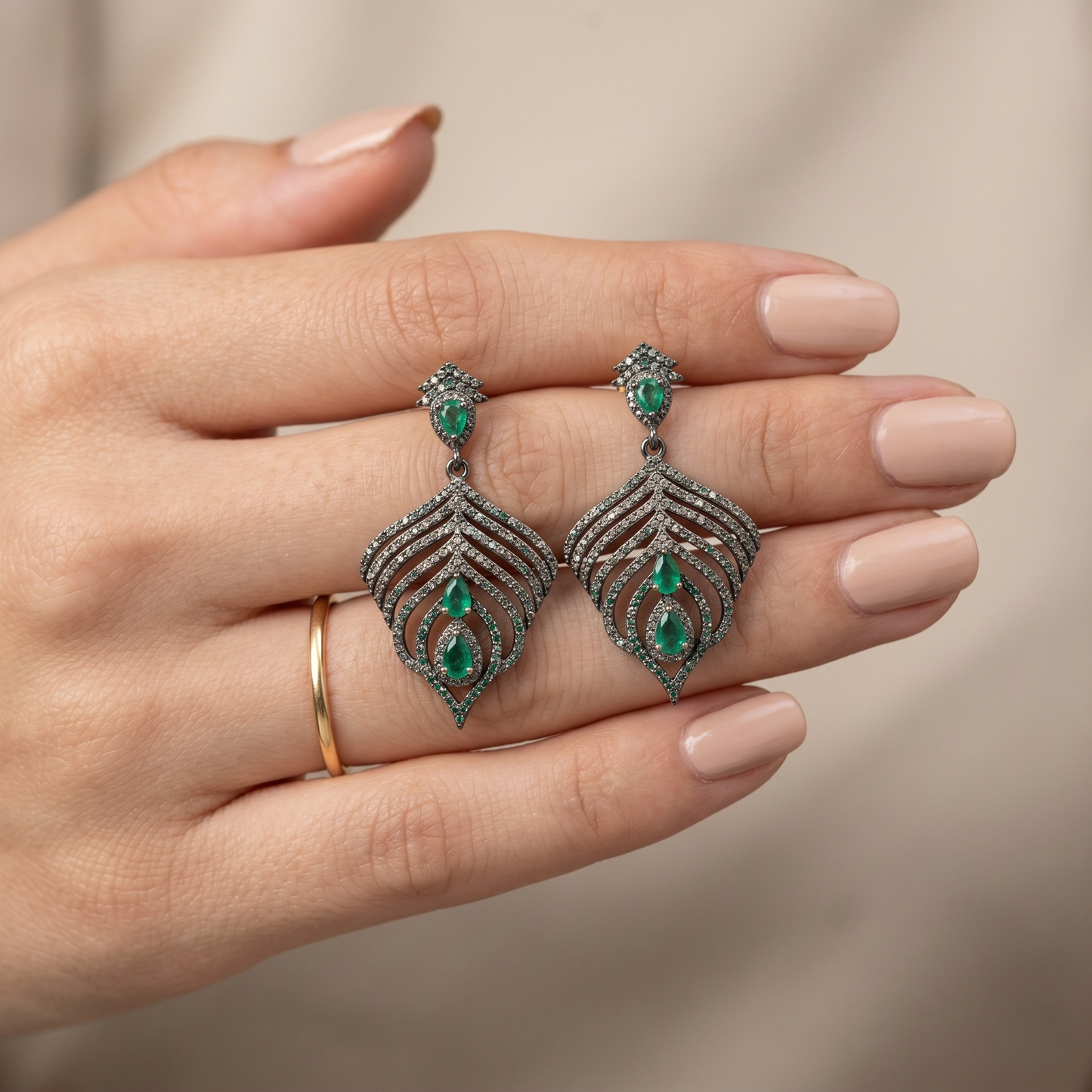 Elegant Emerald Victorian Peacock Drop Earrings