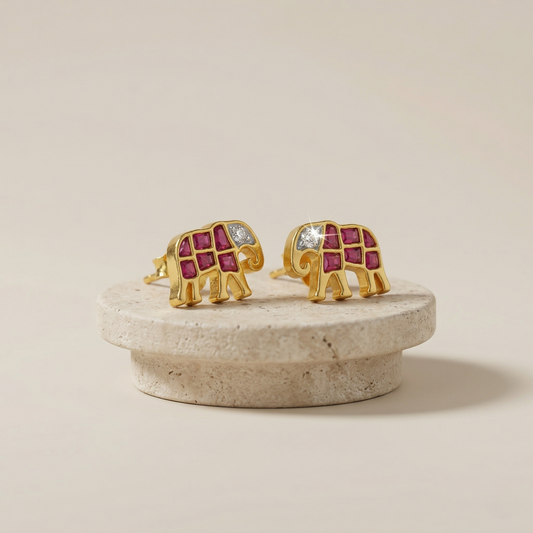 Royal Elephant Ruby Gold Plated Studs