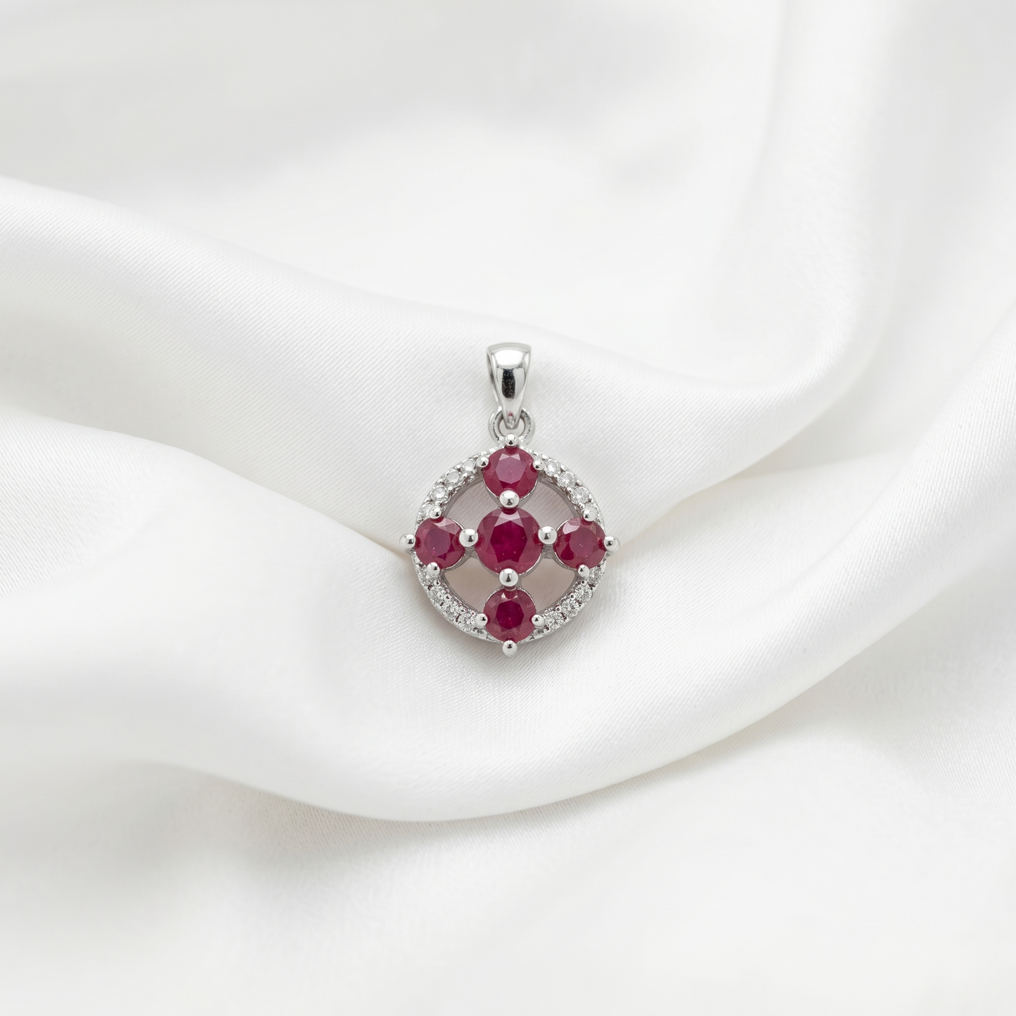 Elegant Circular Ruby Silver Cross Pendant