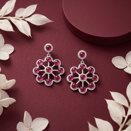 Ruby Floral Wheel 925 Silver Earrings