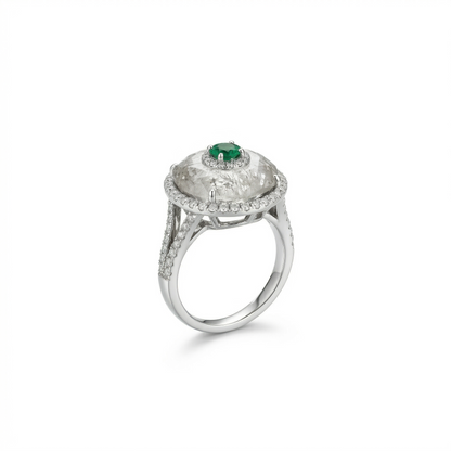 Silver Halo Rutilated Quartz Emerald Ring