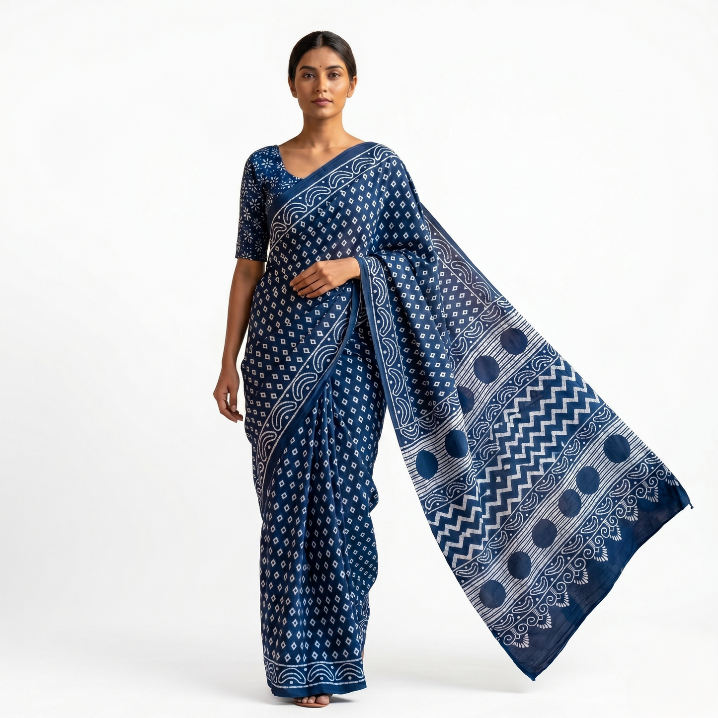 Indigo Hand-Block Printed Cotton Saree