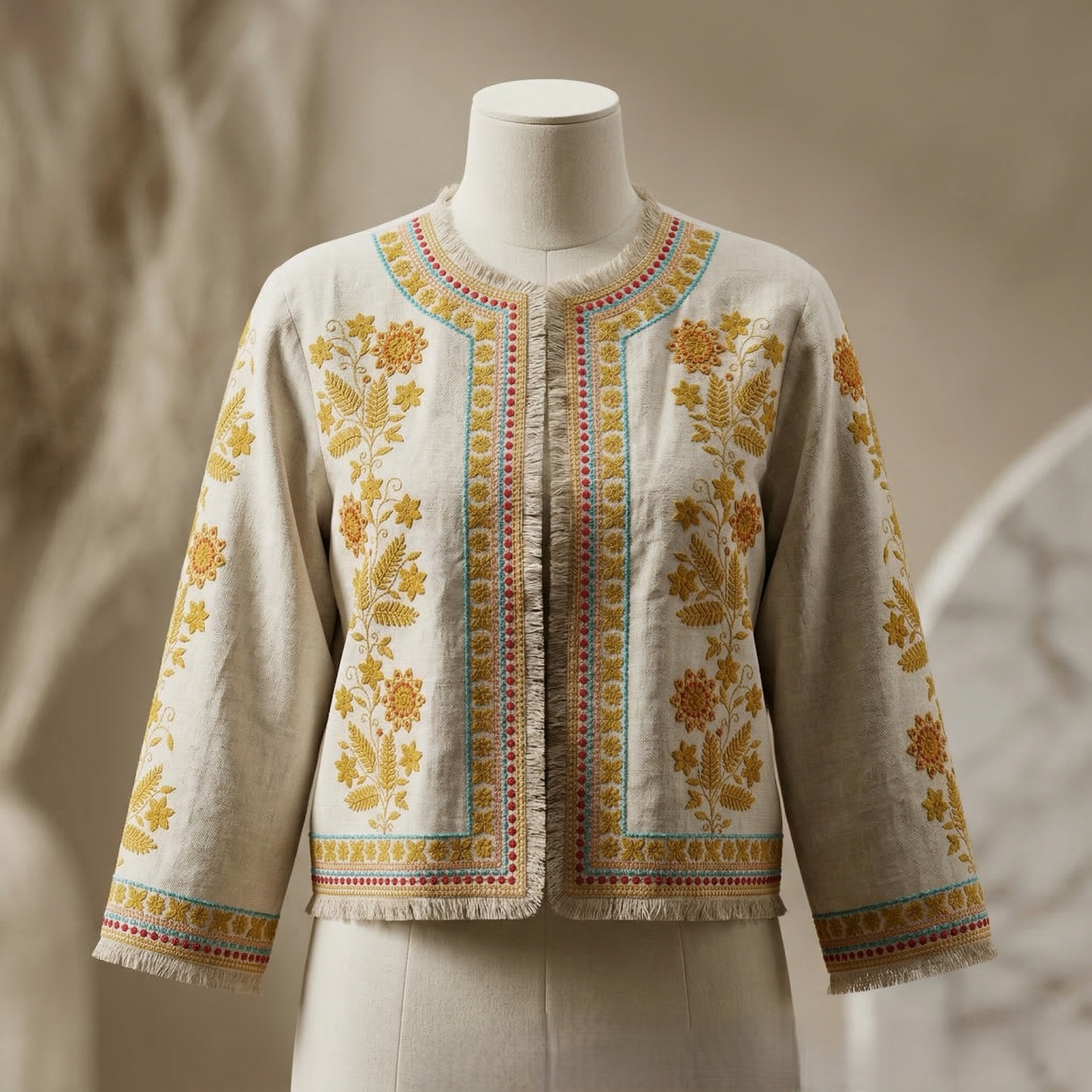 Heritage Floral Embroidered Linen Bolero Jacket