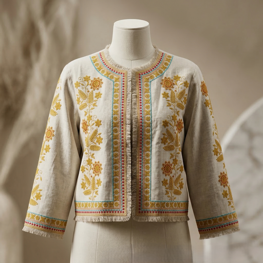 Heritage Floral Embroidered Linen Bolero Jacket