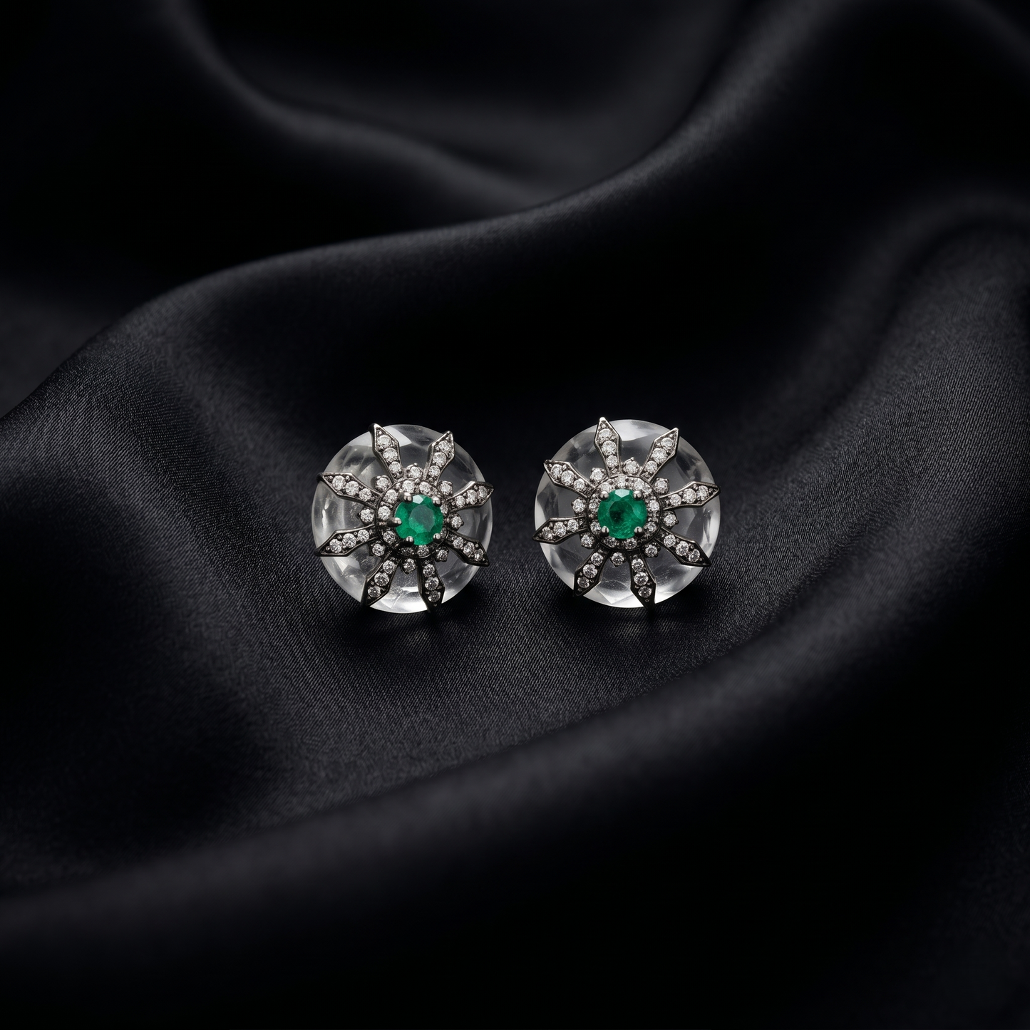 Vintage Emerald Starburst Silver Stud Earrings