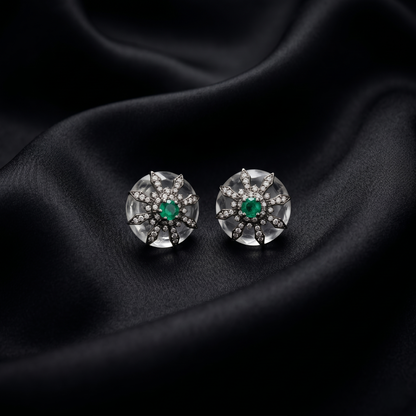 Vintage Emerald Starburst Silver Stud Earrings