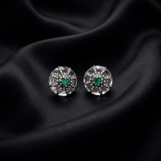 Vintage Emerald Starburst Silver Stud Earrings