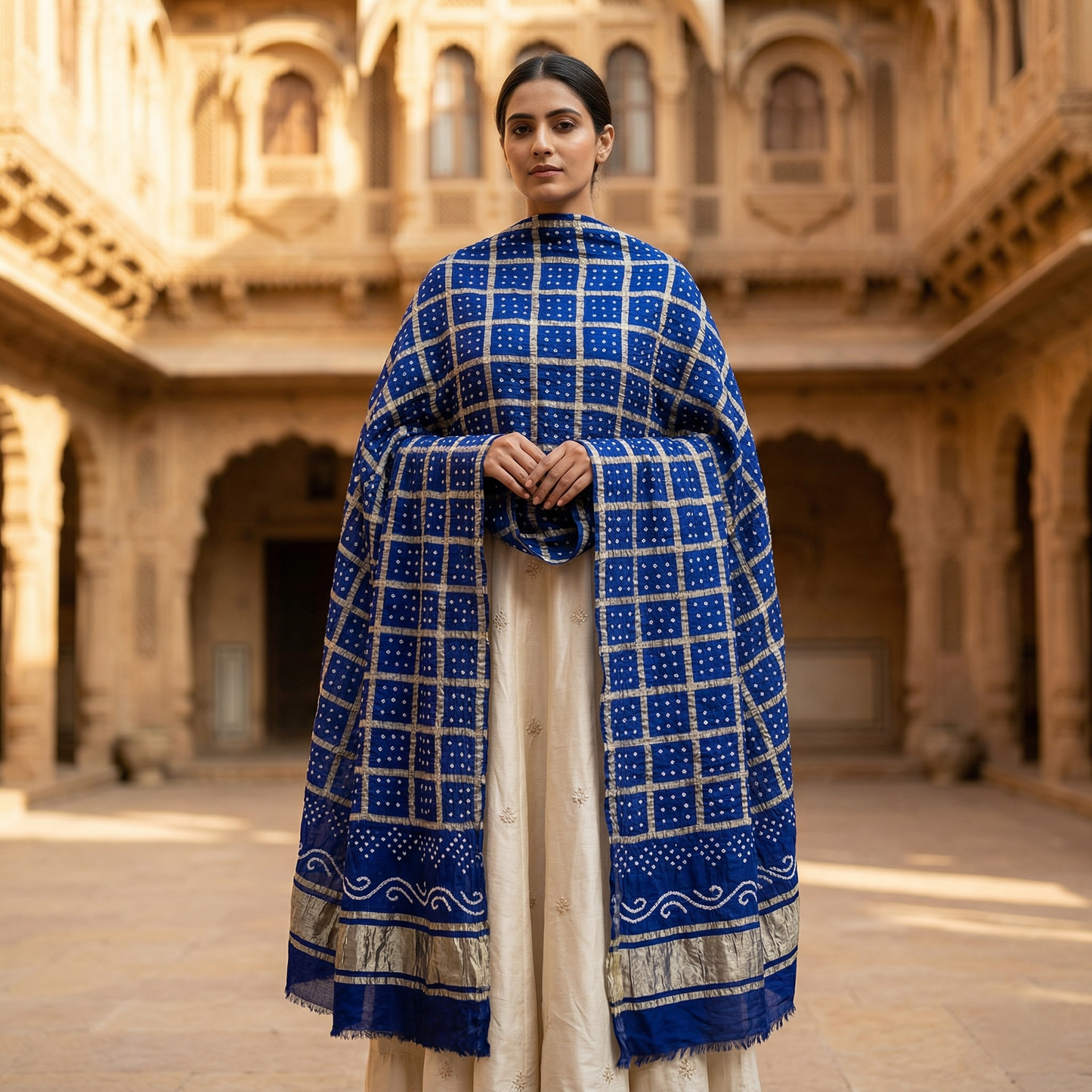 Royal Blue Bandhani Silk Grid Dupatta