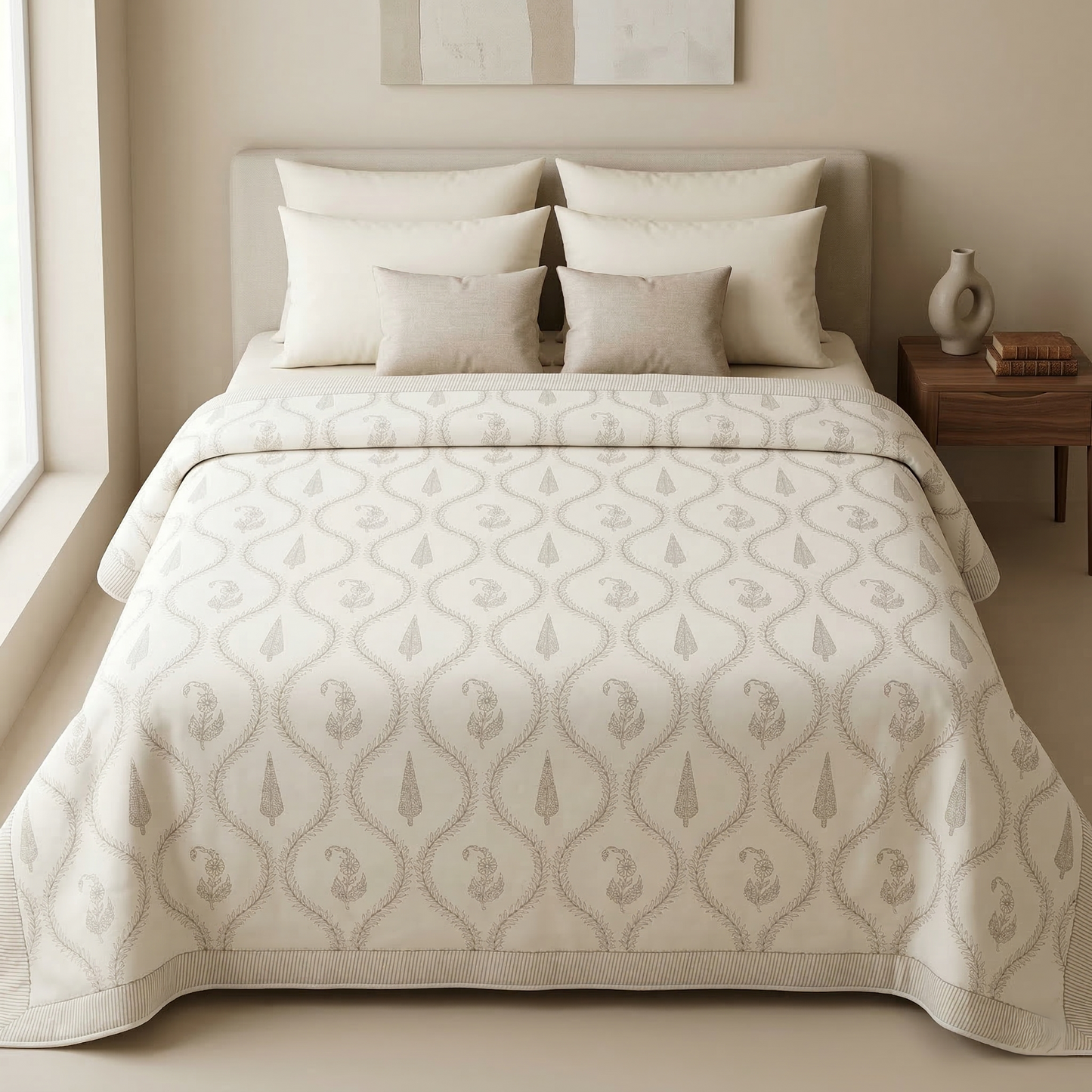 Elegant Neutral Lattice Hand Block Print Quilt