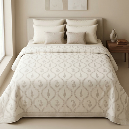 Elegant Neutral Lattice Hand Block Print Quilt