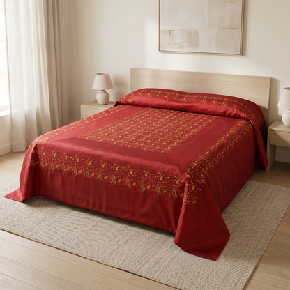 Royal Maroon Silk Embroidered Bedcover Set