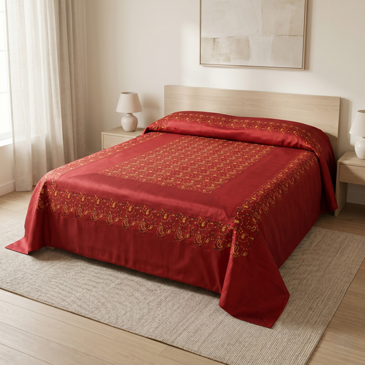 Royal Maroon Silk Embroidered Bedcover Set