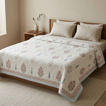Hand Block Floral Diamond Quilt