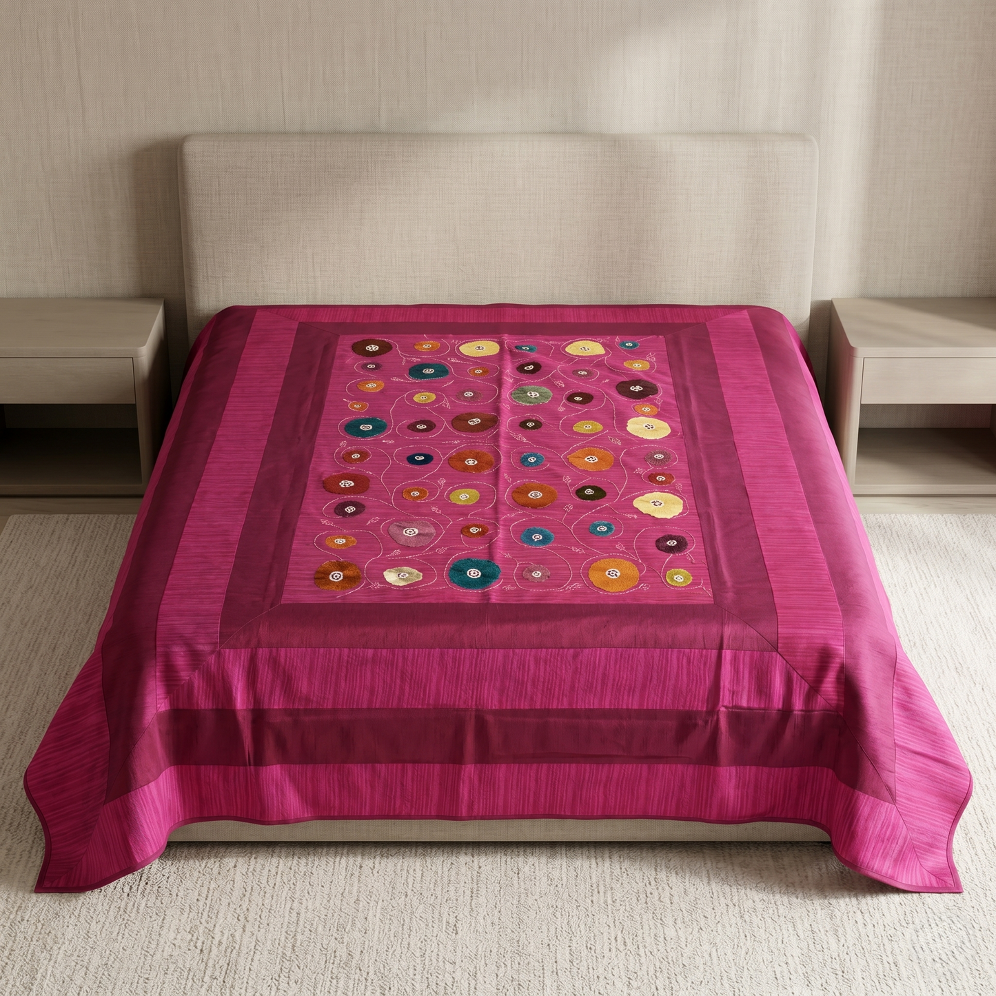 Artisanal Embroidered Magenta Silk Luxury Bedcover