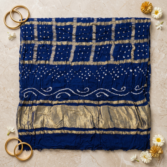 Royal Blue Bandhani Silk Grid Dupatta