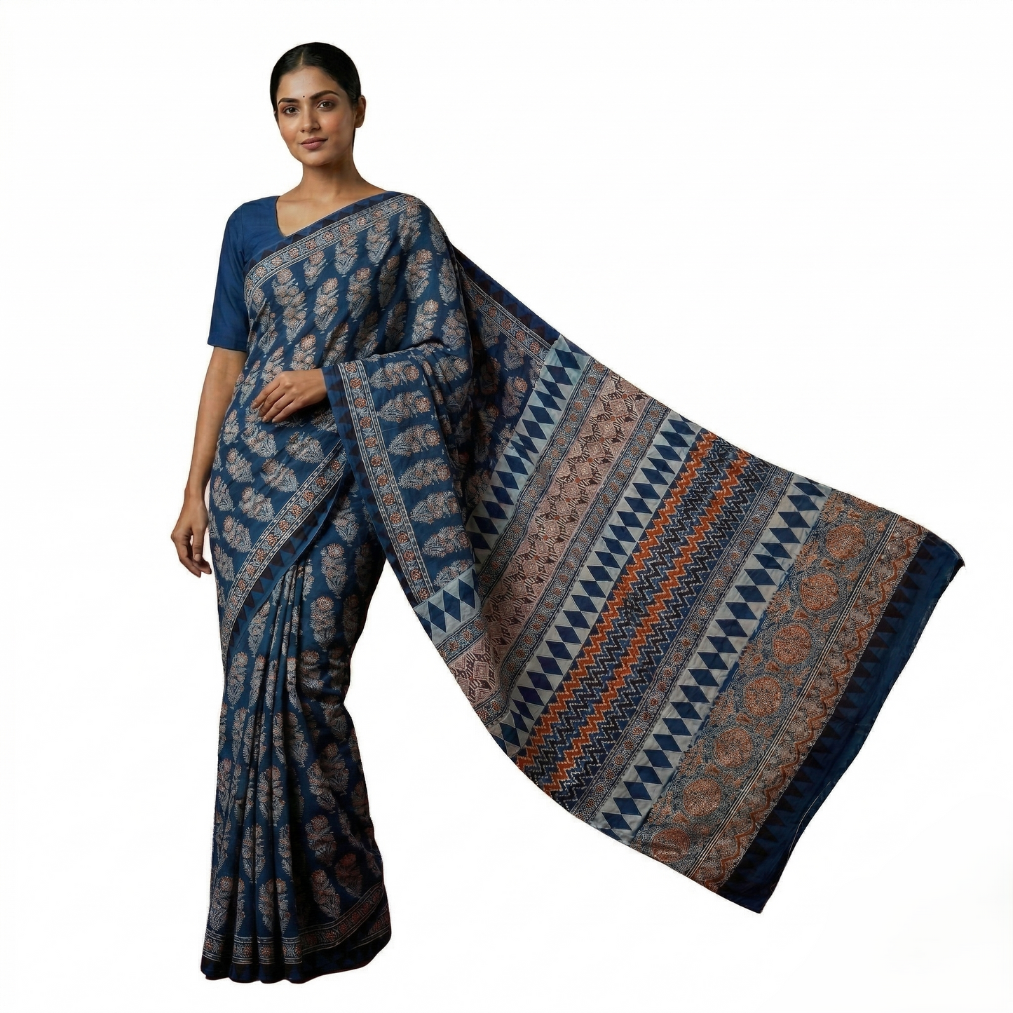 Indigo Hand Blocked Ajrakh Cotton Saree