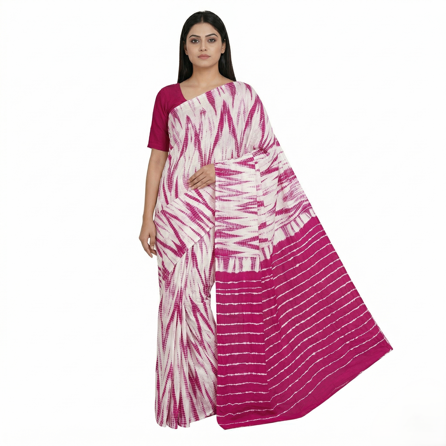 Magenta Shibori Geometric Hand Dyed Saree