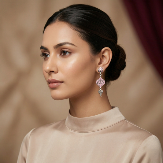 Exquisite Pink Enamel Silver Floral Drop