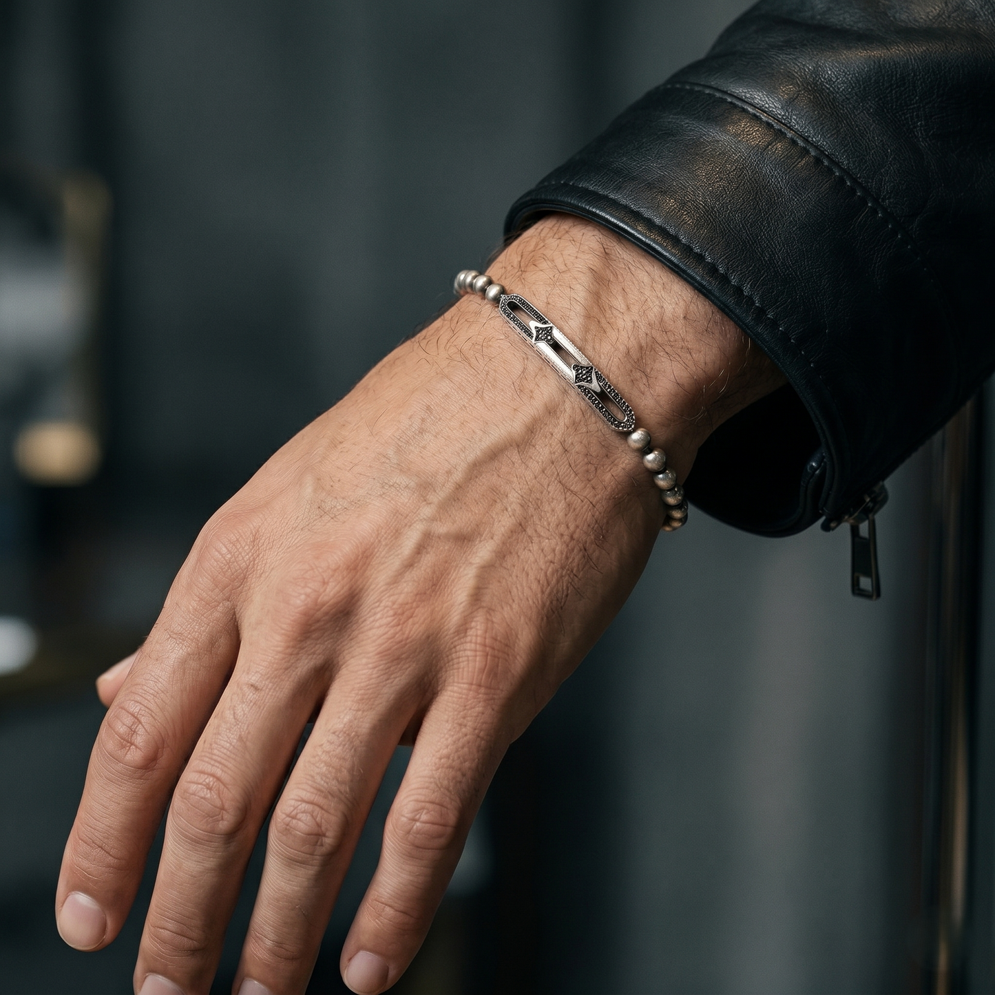 Sleek Silver Bead Geometric Accent Bracelet