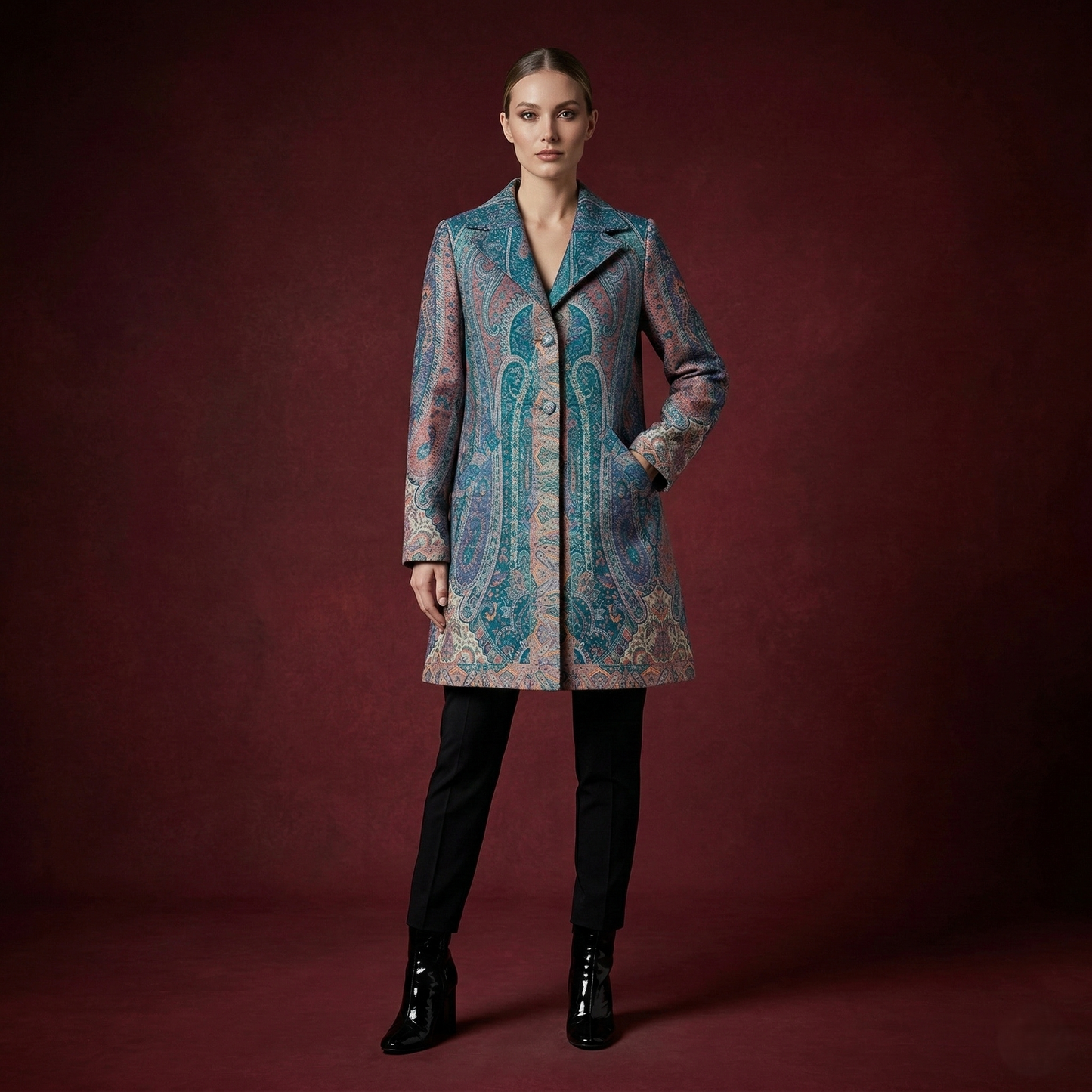 Teal Paisley Tapestry Long Coat