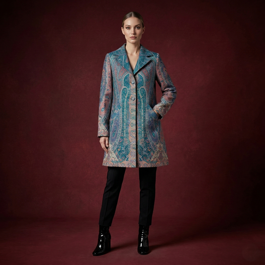 Teal Paisley Tapestry Long Coat