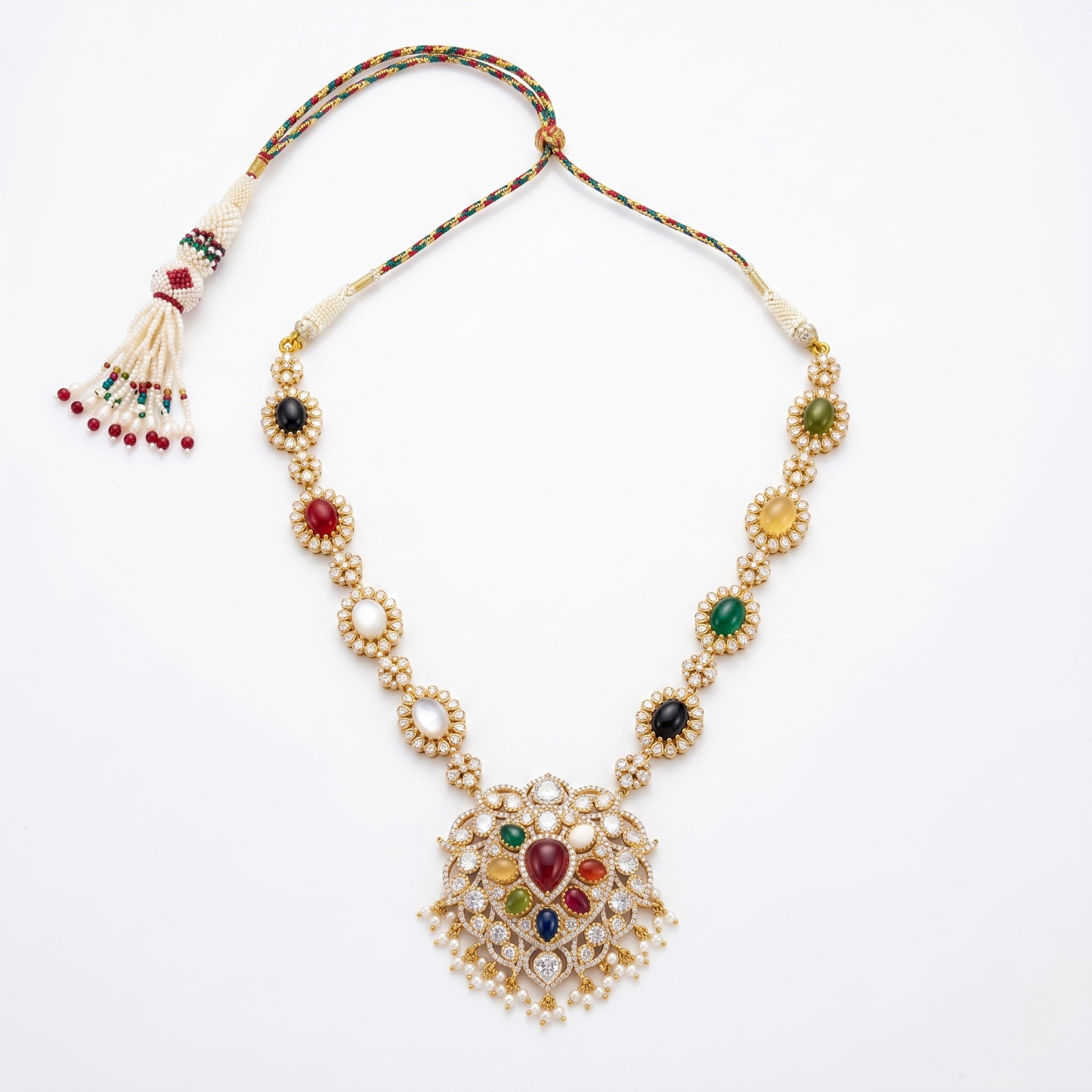Intricate Multi-Stone Silver Navaratna Statement Necklace