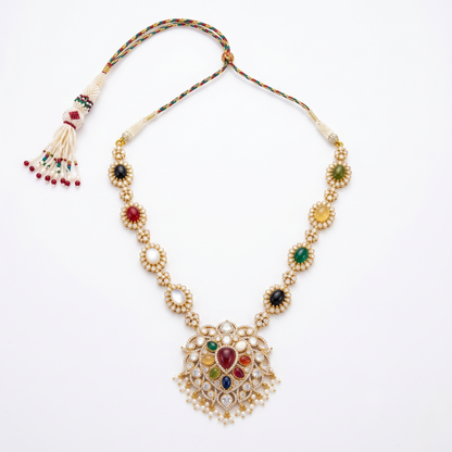 Intricate Multi-Stone Silver Navaratna Statement Necklace