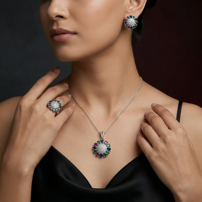 Radiant Floral Multi-Gem Silver Pendant Set