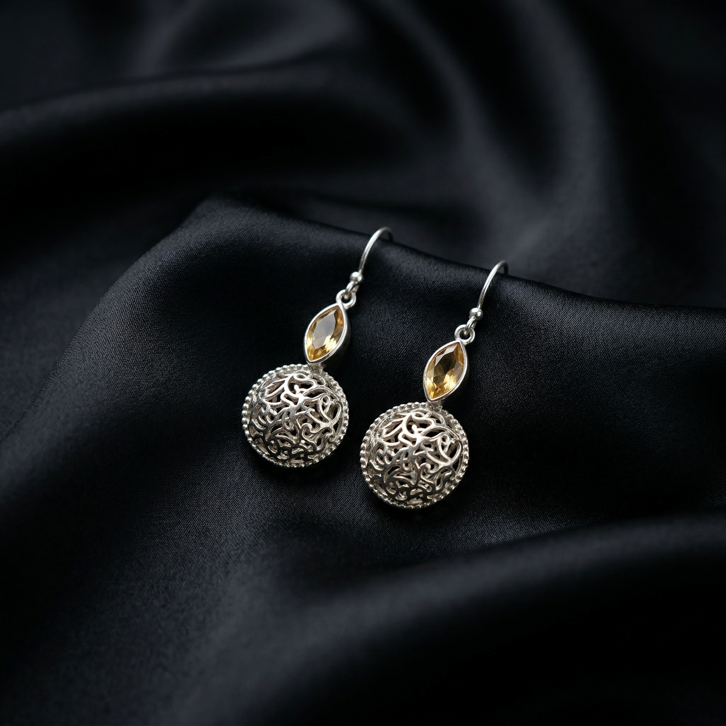 Vintage Silver Filigree Gemstone Drop Earrings