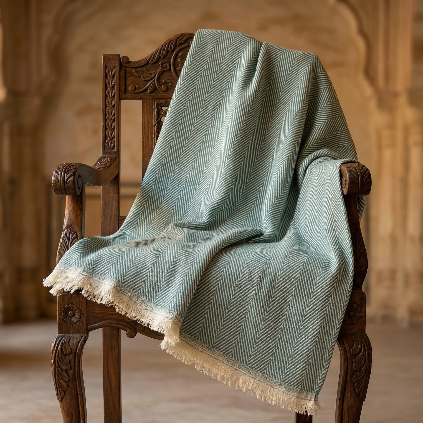 Elegant Sage Herringbone Hand Woven Blanket