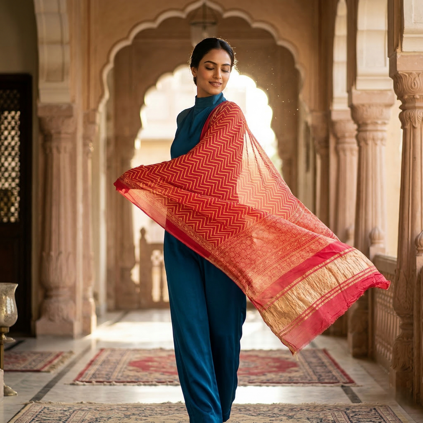 Pink Zigzag Leheriya Silk Blend Dupatta