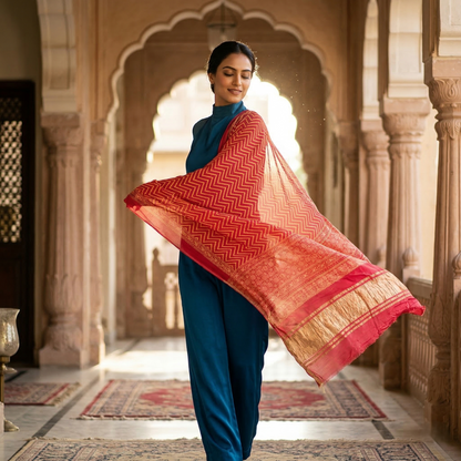 Pink Zigzag Leheriya Silk Blend Dupatta