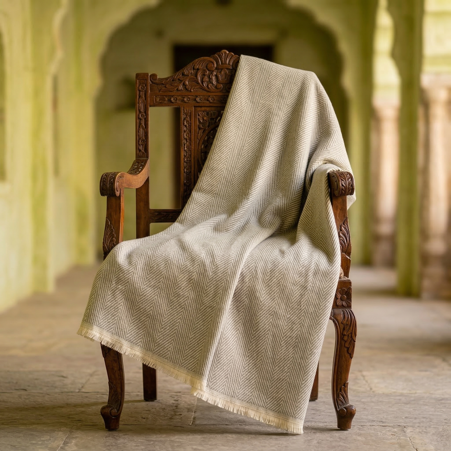 Elegant Sage Herringbone Hand Woven Blanket