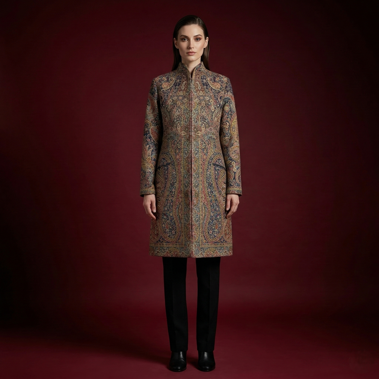 Majestic Paisley Heritage Stand Collar Long Coat