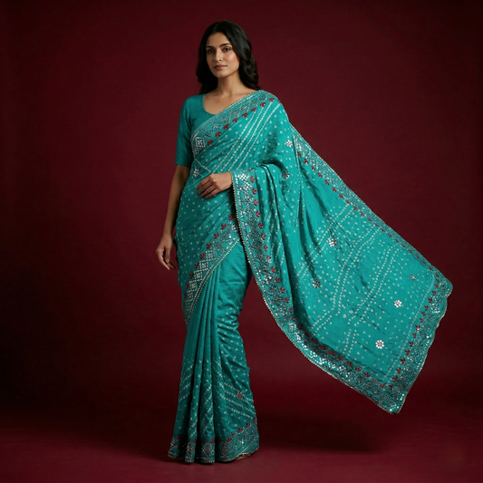 Teal Bandhani Silk Saree with Embroidery