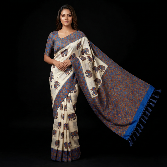 Elephants and Ajrakh Off-White Saree