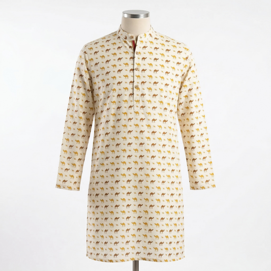 Hand Blocked Golden Camel Ivory Kurta
