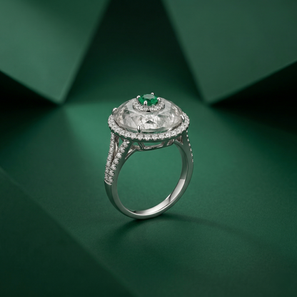 Silver Halo Rutilated Quartz Emerald Ring