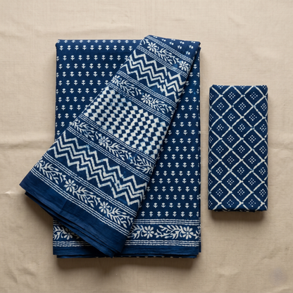 Indigo Elegance Block-Printed Cotton Saree