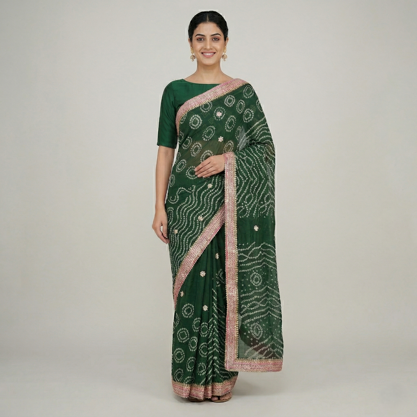 Emerald Bandhani Saree with Gota Border