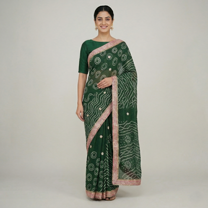 Emerald Bandhani Saree with Gota Border