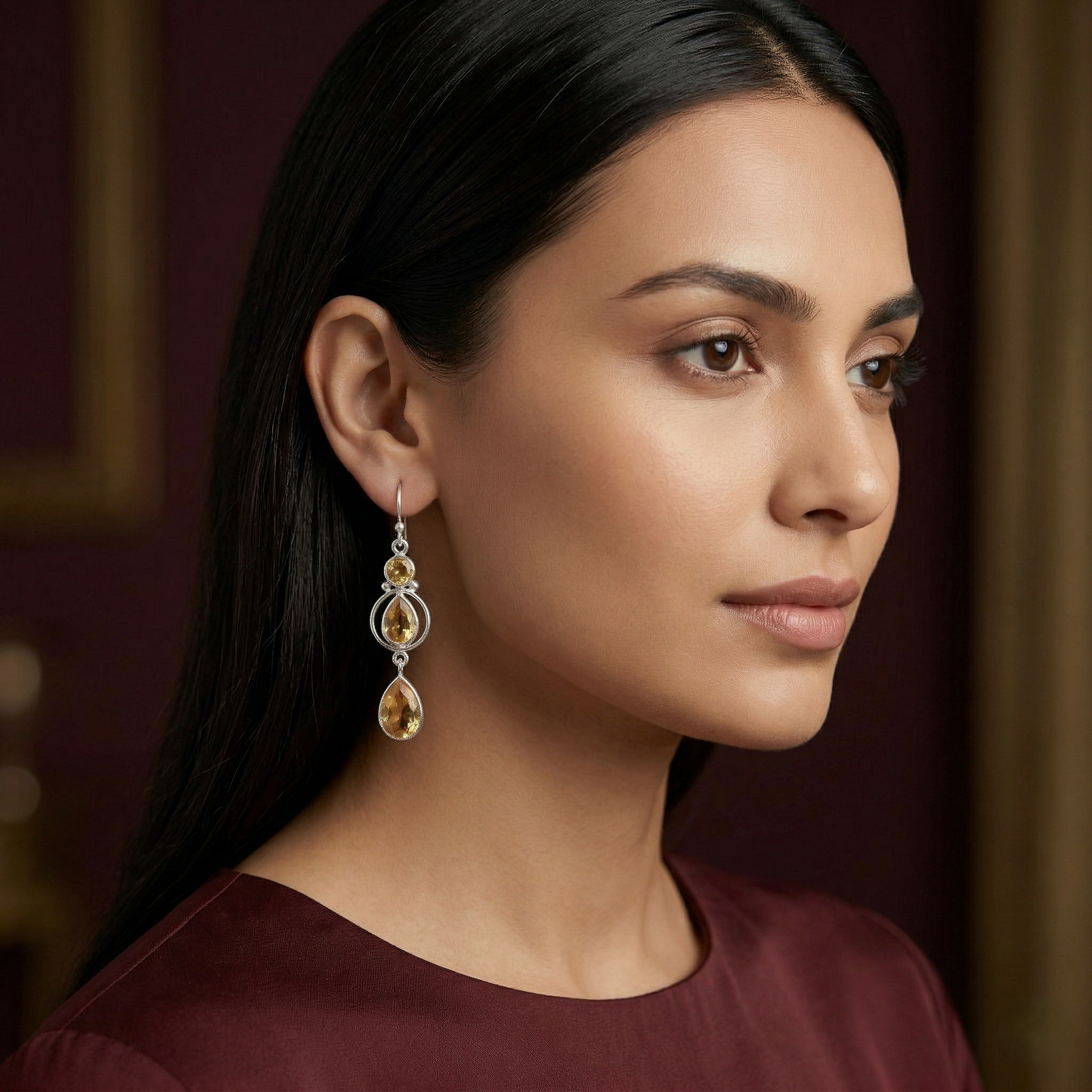 Gilded Citrine Silver Drop Earrings
