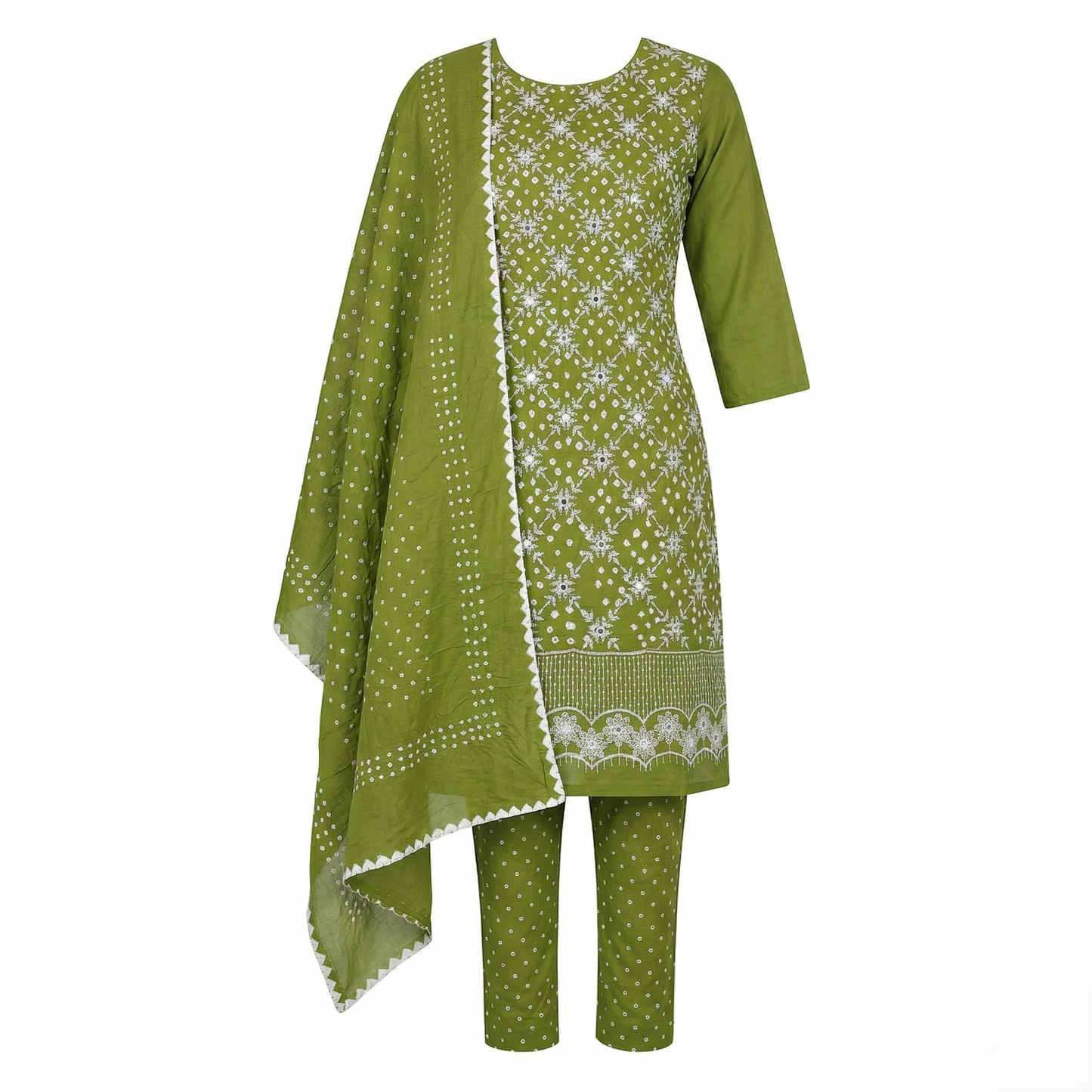 Olive Bandhani Embroidered Unstitched Suit Set