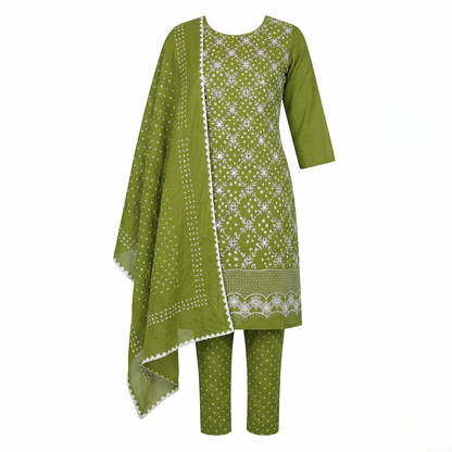 Olive Bandhani Embroidered Unstitched Suit Set