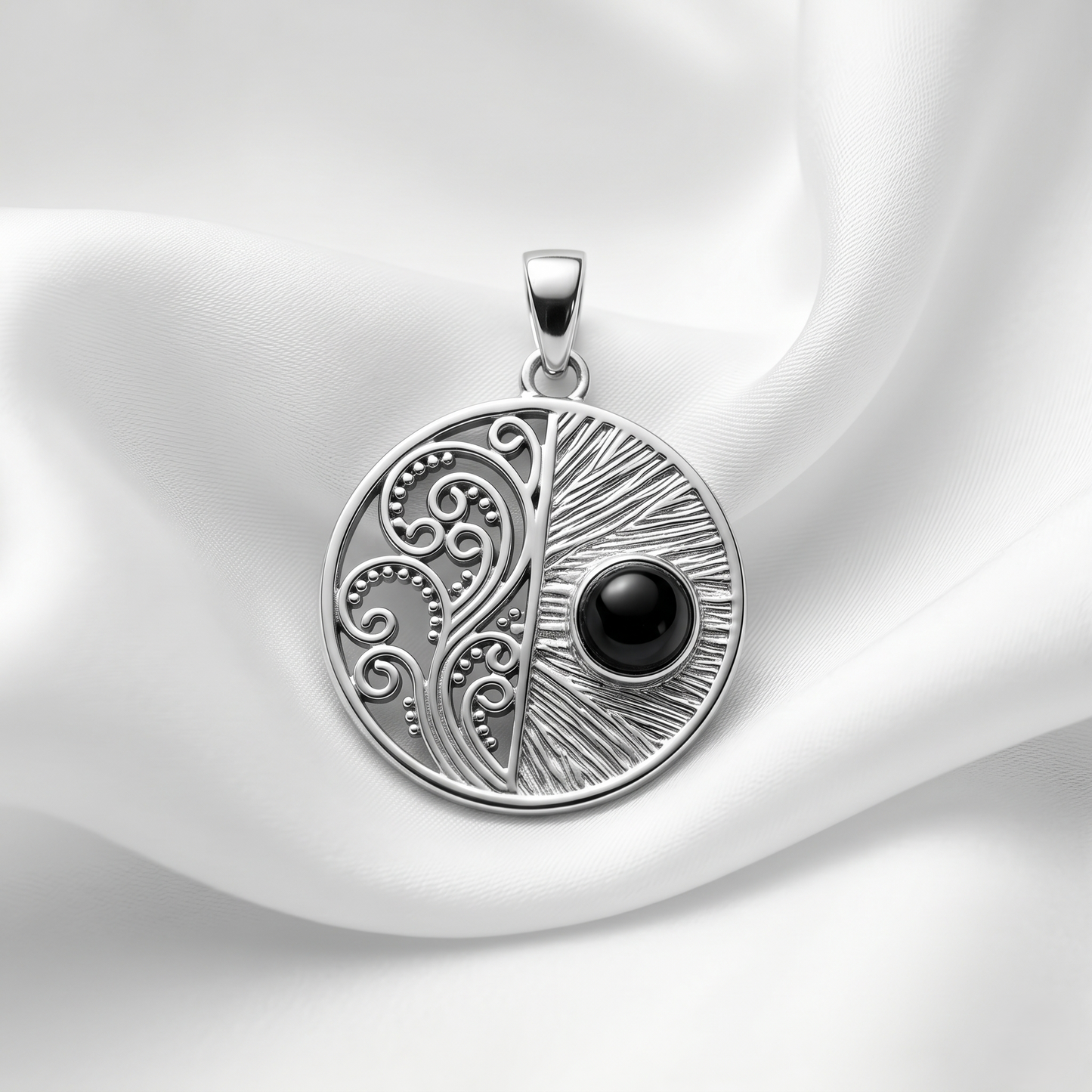 Vintage Filigree Onyx Silver Circular Pendant