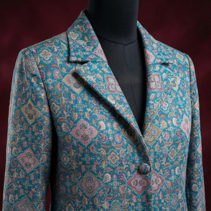 Teal Paisley Brocade Tailored Evening Long Coat